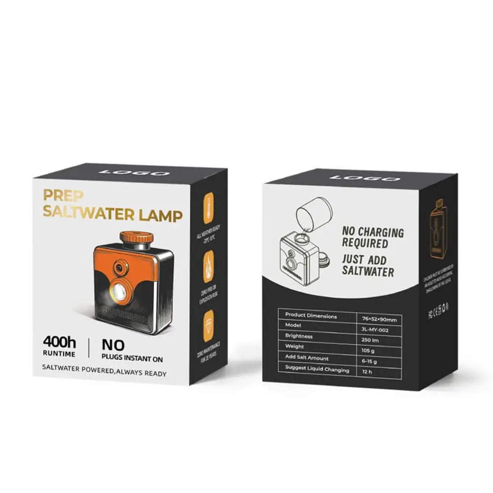 Saltwater Emergency Light packaging front and back views with the product illustration and specification panel