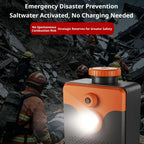 Saltwater Emergency Light overlaid on a rescue scene, with supplier activation and safety-claim text