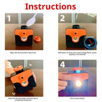 Saltwater Emergency Light four-step guide showing salt, water, mixing and front-button activation