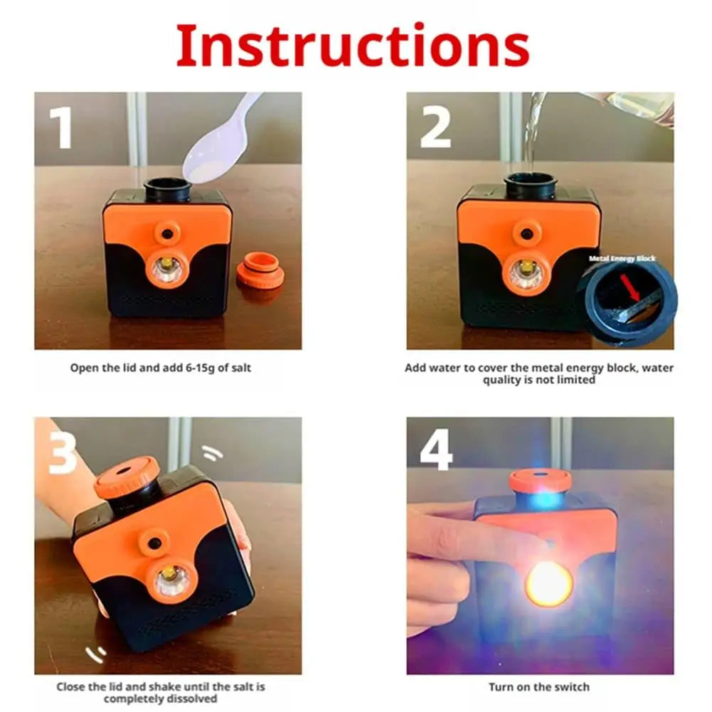 Saltwater Emergency Light four-step guide showing salt, water, mixing and front-button activation