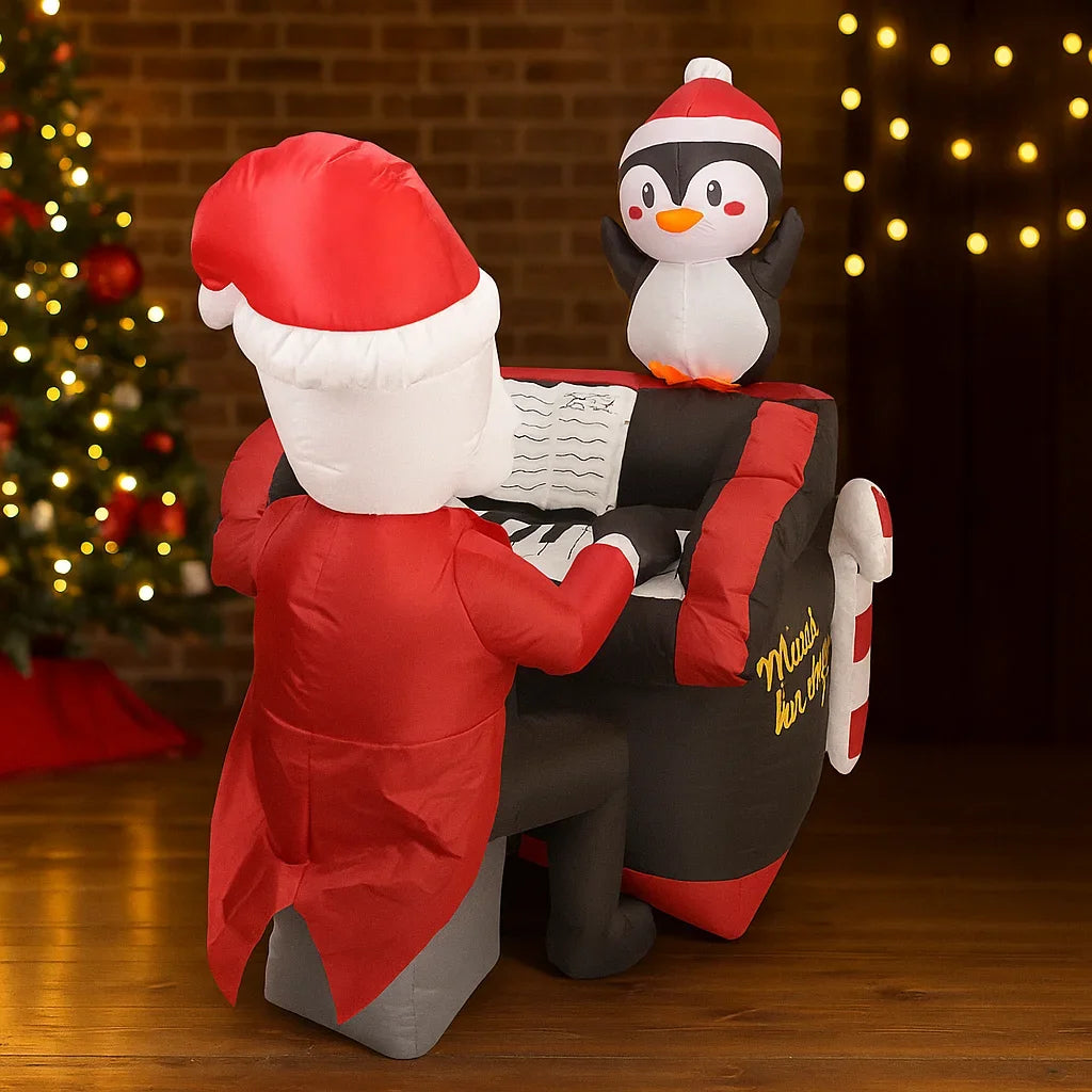 Santa Penguin Piano Inflatable rear close-up showing the printed keyboard, sheet music and penguin.