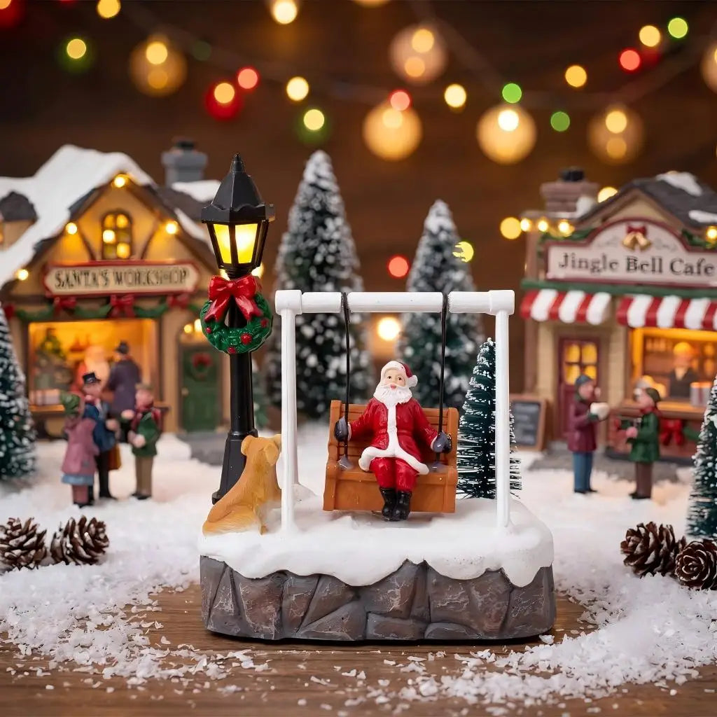 Santa swing scene displayed beside miniature shops, pinecones and colorful Christmas lights