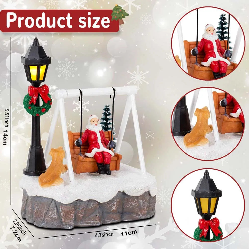 Santa Swing Christmas Scene dimension graphic with close-ups of Santa, dog and glowing lamppost