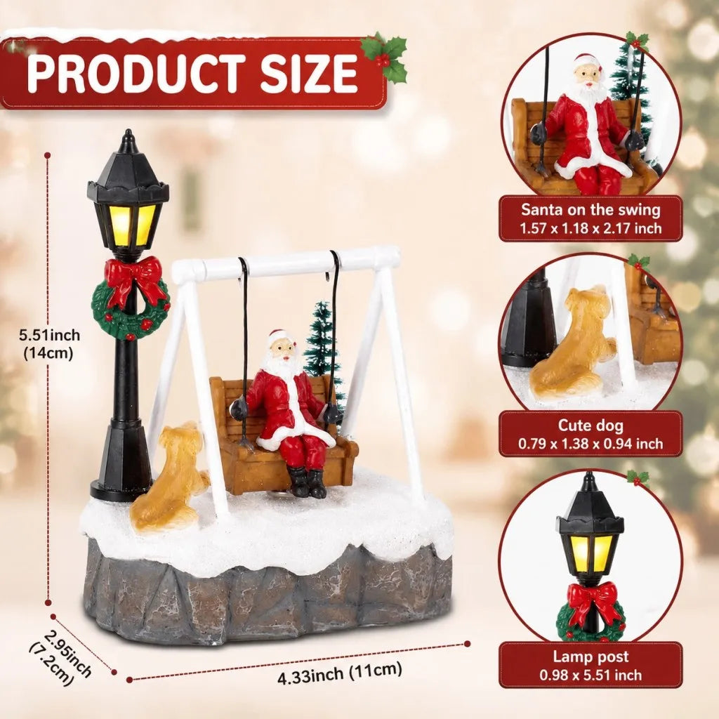 Santa Swing Christmas Scene size illustration with detail views of Santa, dog and lamppost