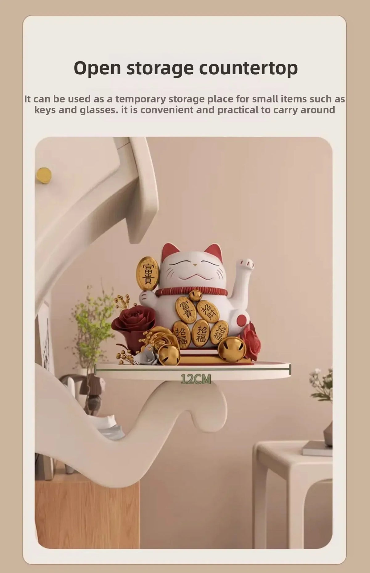 Sassy Pants Drawer Cabinet: Close-up of the side tray holding a lucky cat ornament with a supplier size label.