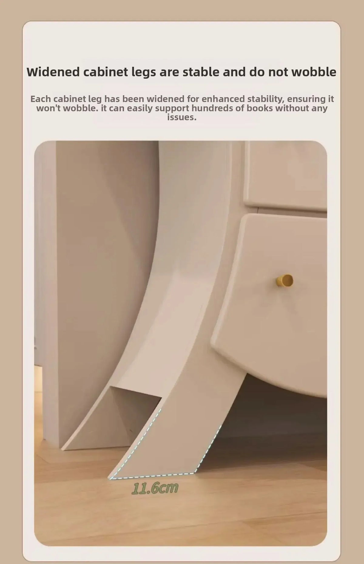 Sassy Pants Drawer Cabinet: Large foot-detail panel with a dashed width guide beneath the lower drawer.