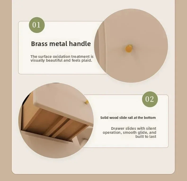 Sassy Pants Drawer Cabinet: Detail panel showing a gold-tone drawer knob and wooden rails under a drawer.