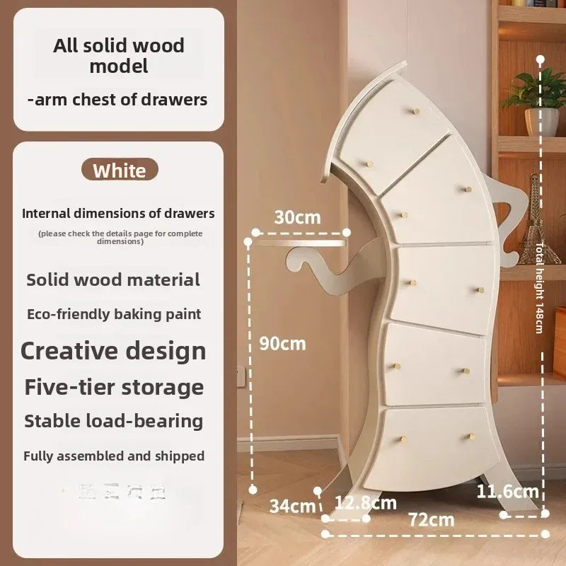 Sassy Pants Drawer Cabinet: White Left Leaning model with overall dimensions and side tray measurements.