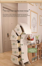 Sassy Pants Drawer Cabinet: Tall cabinet storage panel with all five drawers extended and numbered.