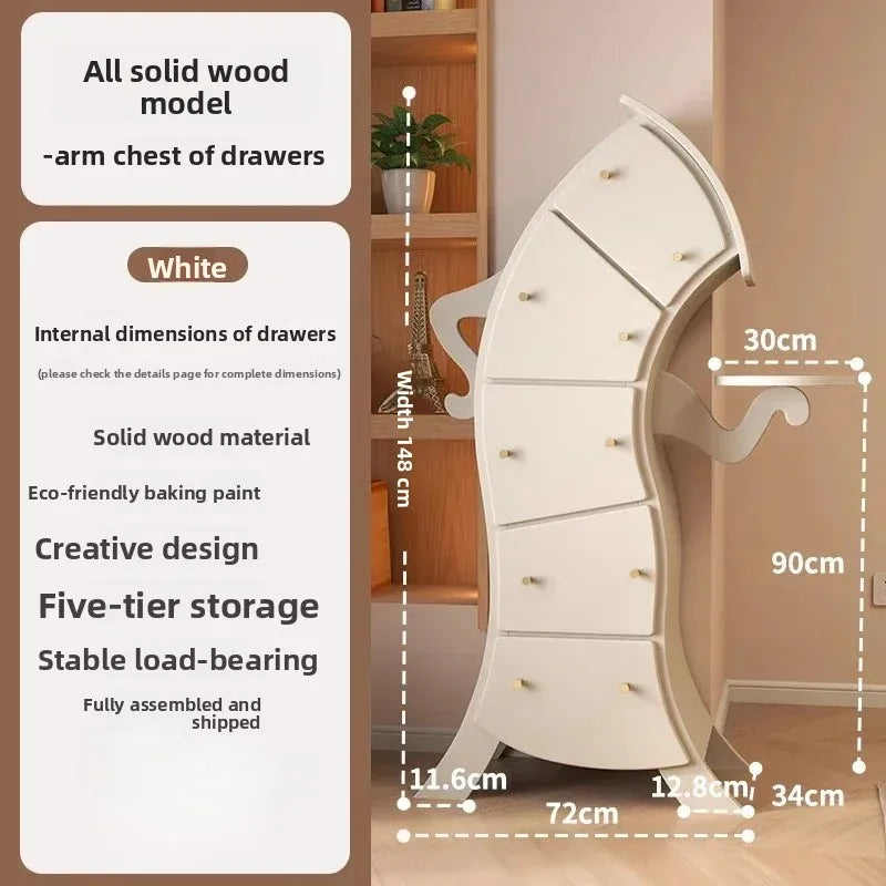 Sassy Pants Drawer Cabinet: White Right Leaning model with dimension labels and five angled drawers.