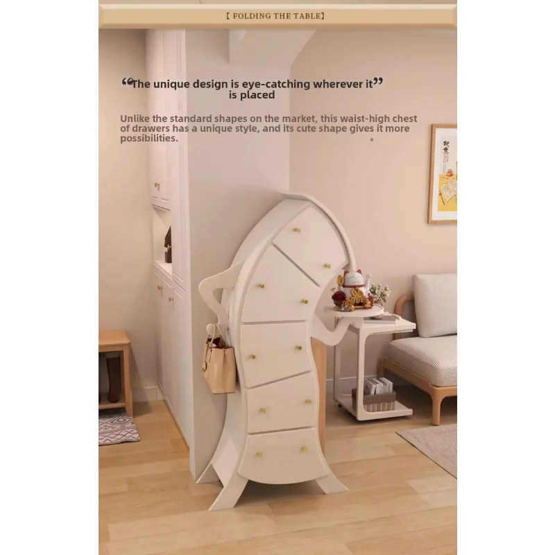 Sassy Pants Drawer Cabinet: Supplier design panel showing the white cabinet standing beside living room furniture.