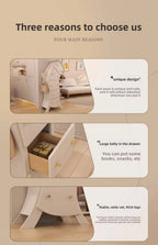 Sassy Pants Drawer Cabinet: Feature collage showing the cabinet silhouette, drawer interior, and flared feet.