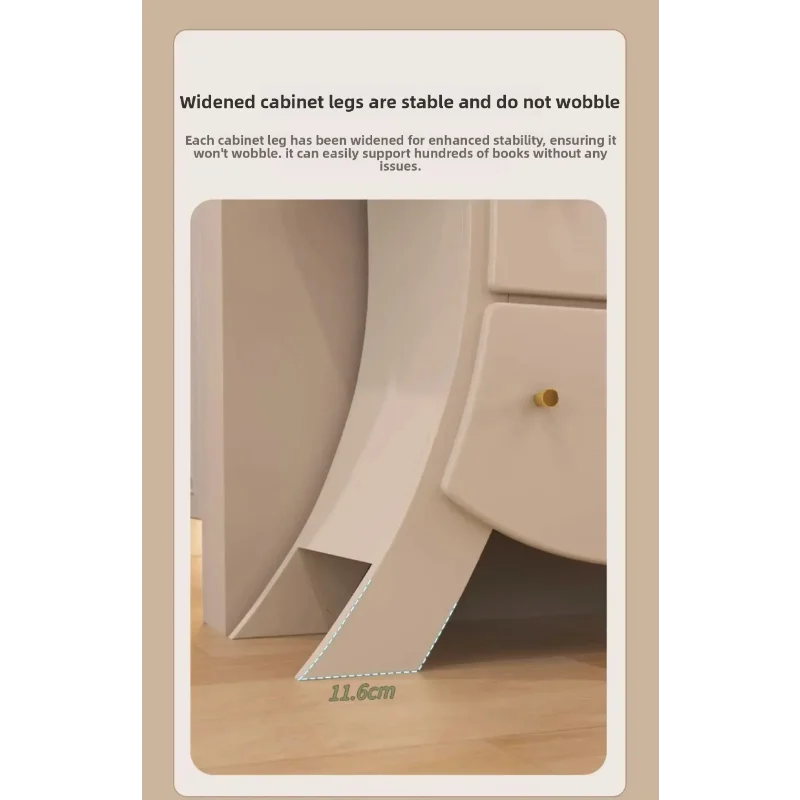 Sassy Pants Drawer Cabinet: Close view of the flared white cabinet foot with an 11.6 cm width label.