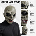 Scary Alien Monster Mask detail guide highlighting wrinkled texture, large black eyes, teeth, and full-head coverage.