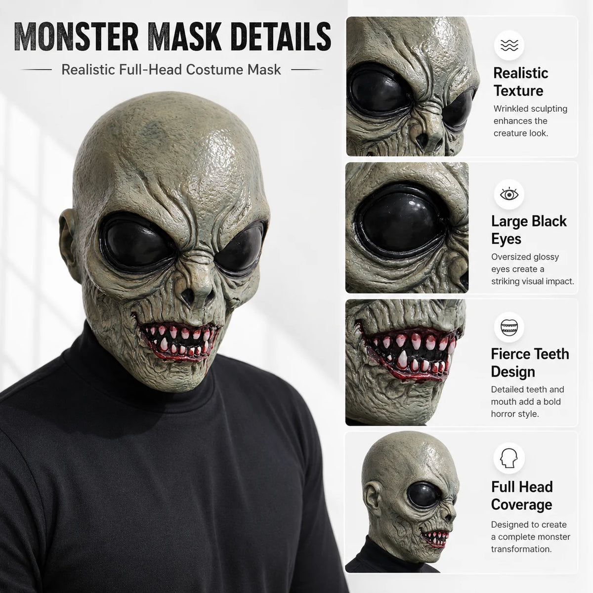 Scary Alien Monster Mask detail guide highlighting wrinkled texture, large black eyes, teeth, and full-head coverage.