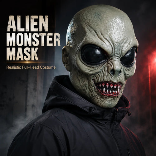 Scary Alien Monster Mask styled with a black hooded jacket beside an Alien Monster Mask title.
