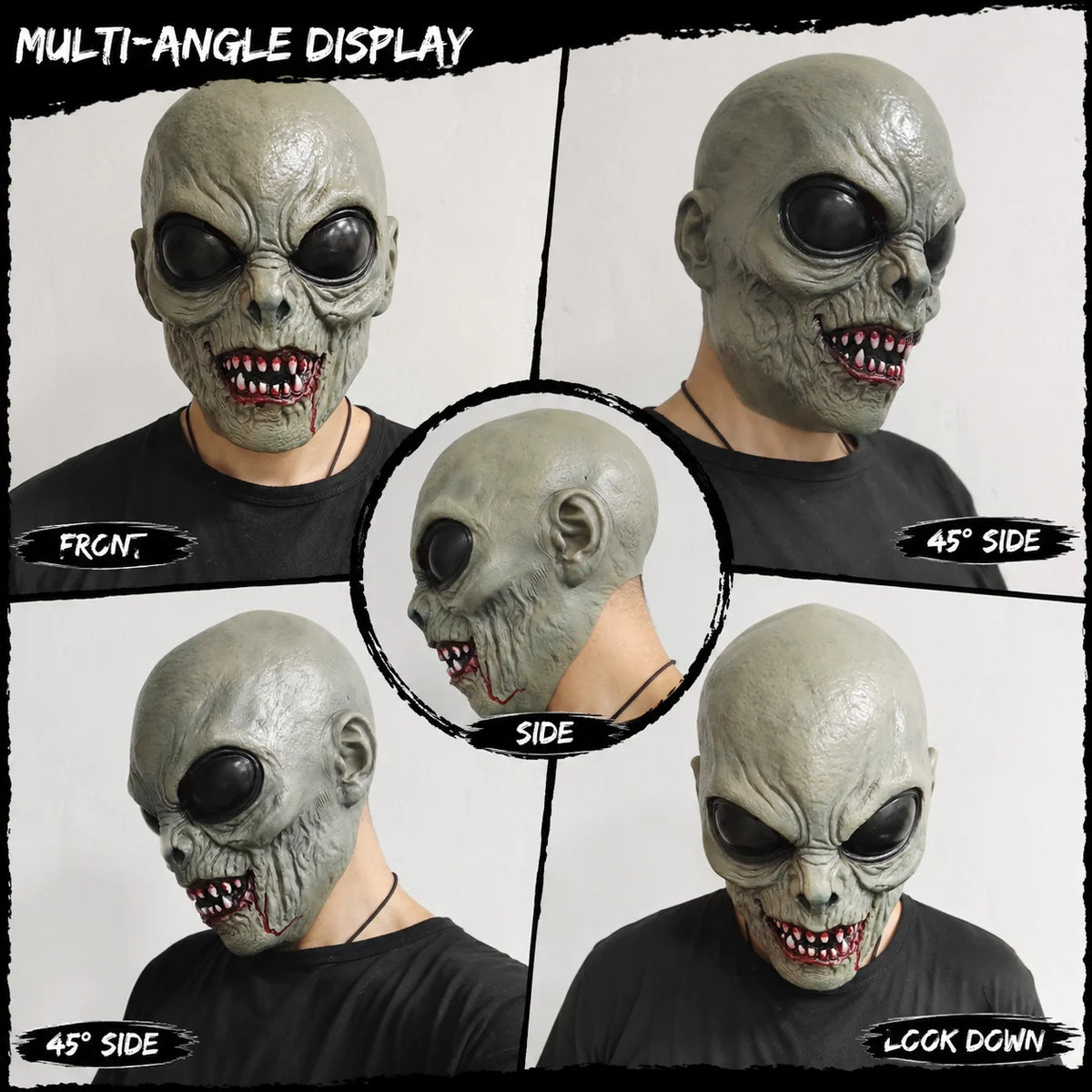 Scary Alien Monster Mask collage showing front, side, three-quarter, and downward-looking views.