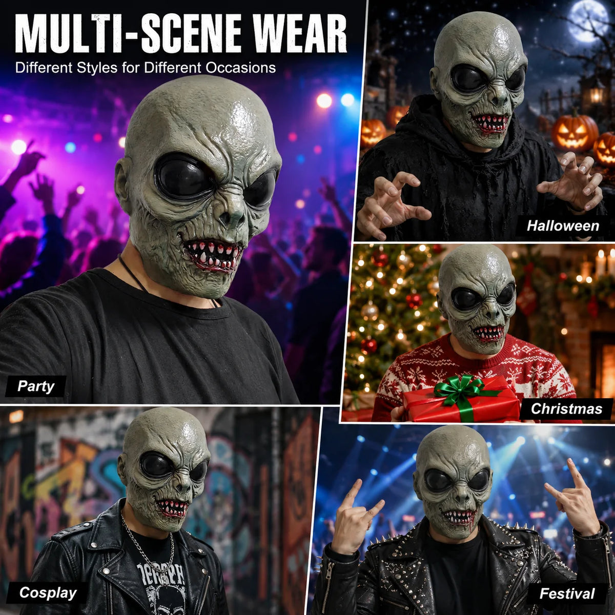 Scary Alien Monster Mask styled for a party, Halloween, Christmas, cosplay, and a festival in a five-scene collage.