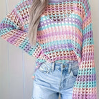 Seaside Sherbet Cover-Up front view with pastel striped open-knit pattern and long sleeves