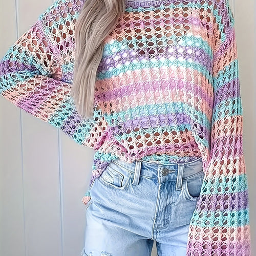 Seaside Sherbet Cover-Up front view with pastel striped open-knit pattern and long sleeves