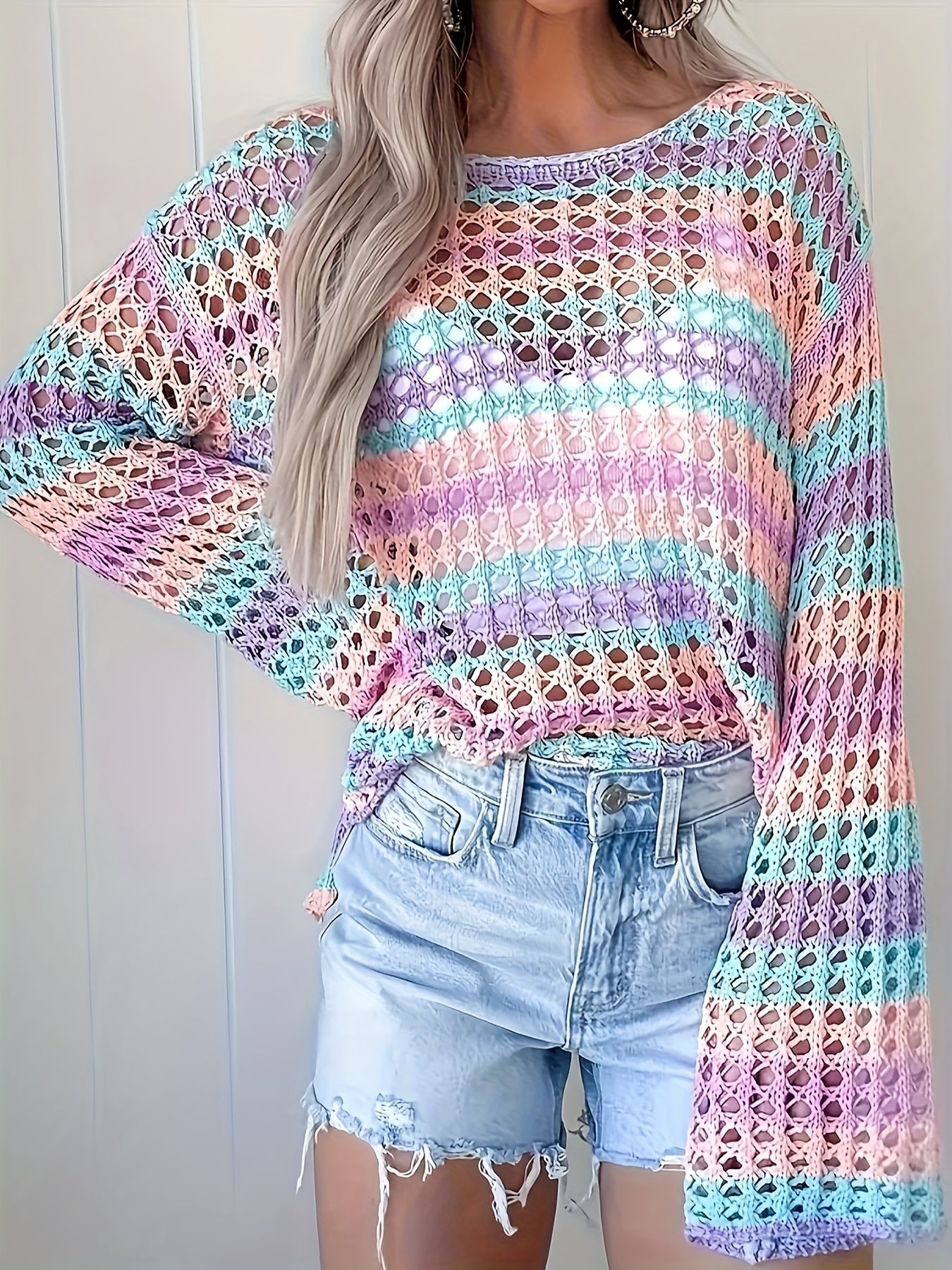 Seaside Sherbet Cover-Up full front view showing the loose fit and flared long sleeves
