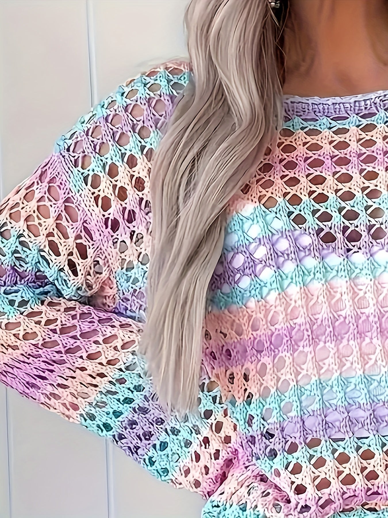 Seaside Sherbet Cover-Up neckline close-up with pastel stripes and hollow-out crochet detail