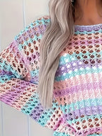 Seaside Sherbet Cover-Up neckline close-up with pastel stripes and hollow-out crochet detail