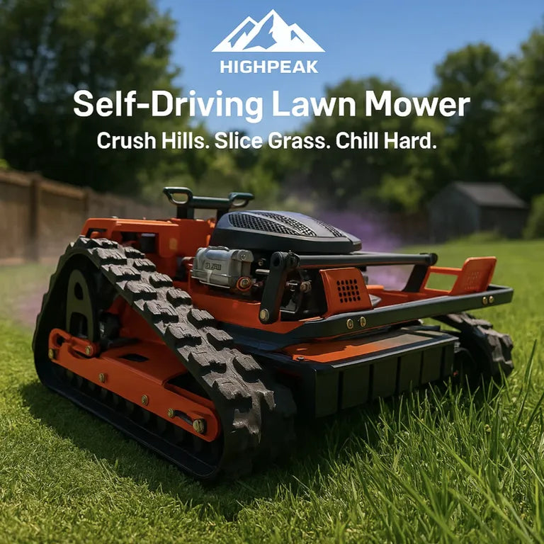 HighPeak Self-Driving Lawn Mower in orange with tracked crawler wheels cutting grass on a sunny backyard lawn