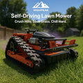 HighPeak Self-Driving Lawn Mower in orange with tracked crawler wheels cutting grass on a sunny backyard lawn