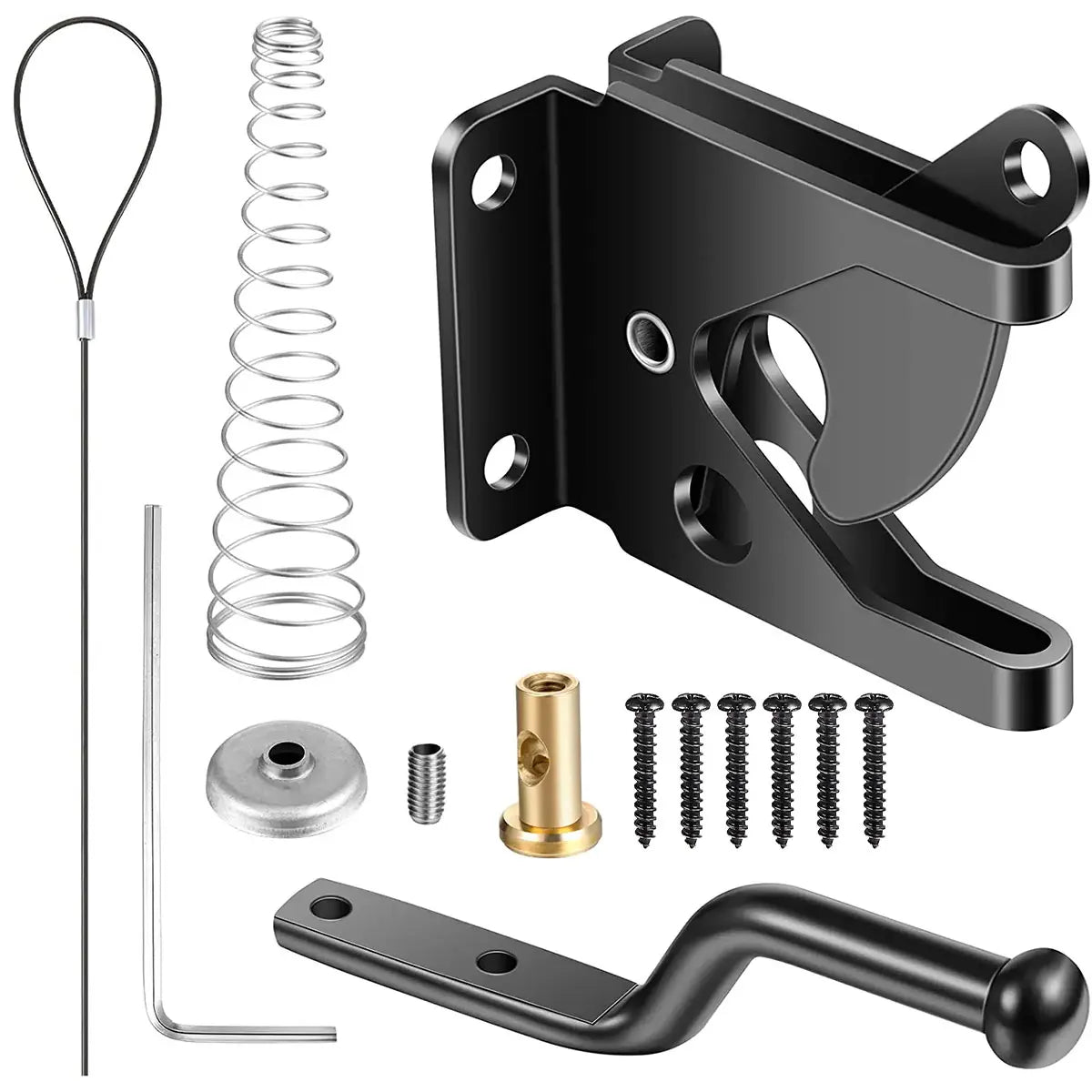 Self-Locking Gate Latch complete black hardware kit with cable pull, spring, screws, and hex wrench