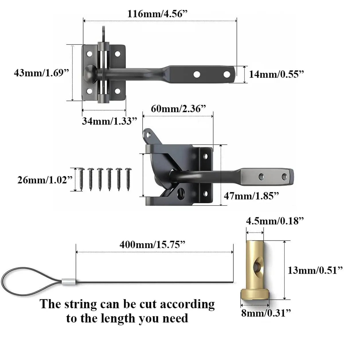 Self-Locking Gate Latch measurement guide with latch, screws, cable, spring, and hardware dimensions