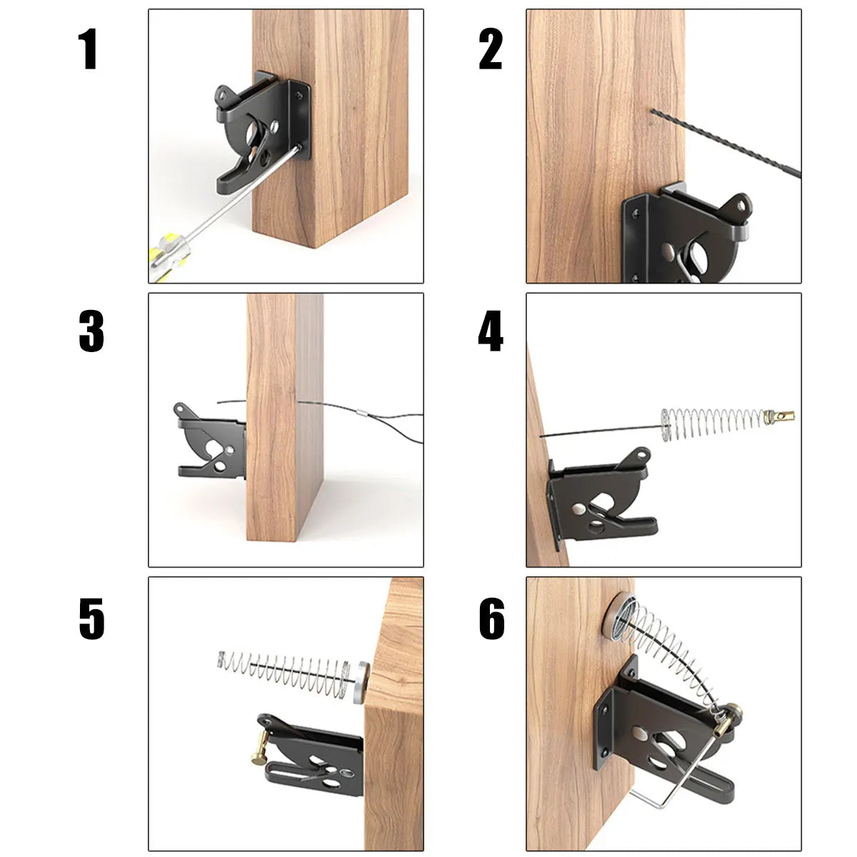 Self-Locking Gate Latch six-step installation sequence demonstrated on a wooden gate
