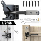 Self-Locking Gate Latch shown with included hardware and installed on two wooden fence gates