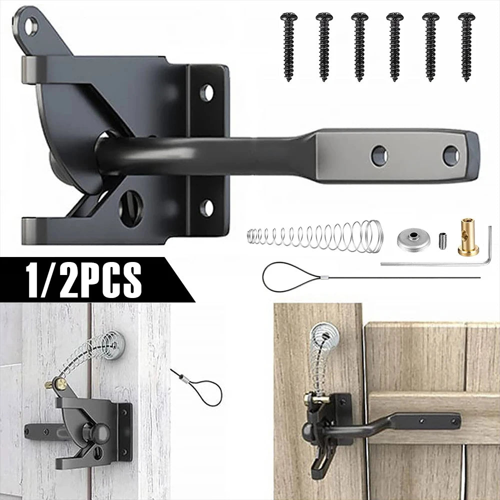 Self-Locking Gate Latch shown with included hardware and installed on two wooden fence gates