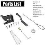 Self-Locking Gate Latch parts layout with base, locking rod, spring, cable, screws, and hex wrench
