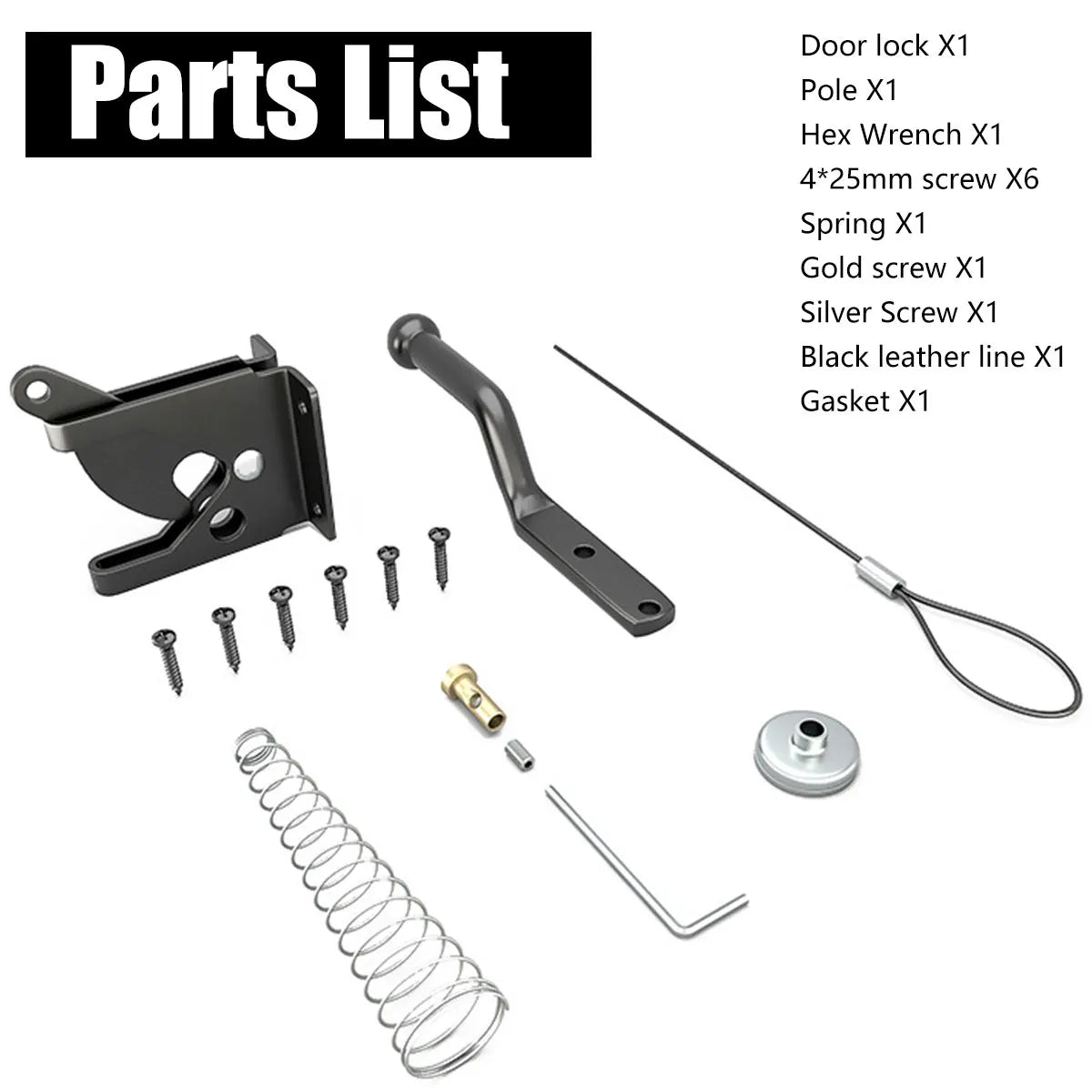 Self-Locking Gate Latch parts layout with base, locking rod, spring, cable, screws, and hex wrench