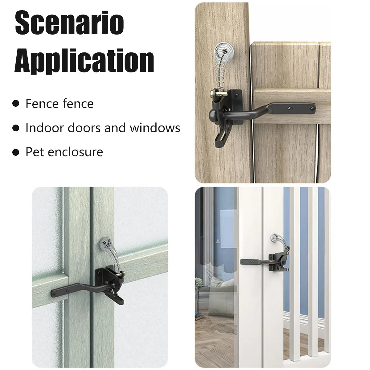 Self-Locking Gate Latch installed on a fence gate, indoor door, and pet enclosure
