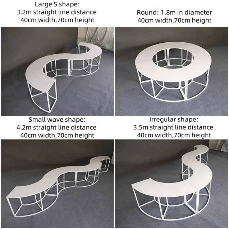 Serpentine Event Display Table size guide comparing S-shaped, round, wave and irregular arrangements.