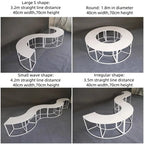 Serpentine Event Display Table size guide comparing S-shaped, round, wave and irregular arrangements.