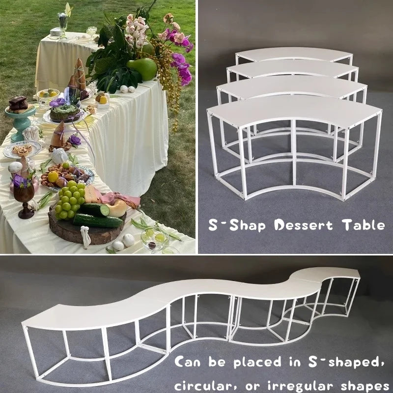 Serpentine Event Display Table collage showing a dressed dessert display, separate curved sections and a wave layout.