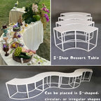 Serpentine Event Display Table collage showing a dressed dessert display, separate curved sections and a wave layout.
