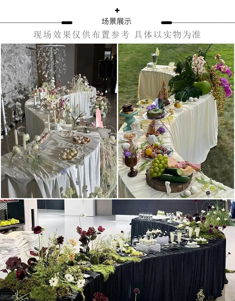 Serpentine Event Display Table collage of indoor and garden displays styled with pale or black linens and flowers.