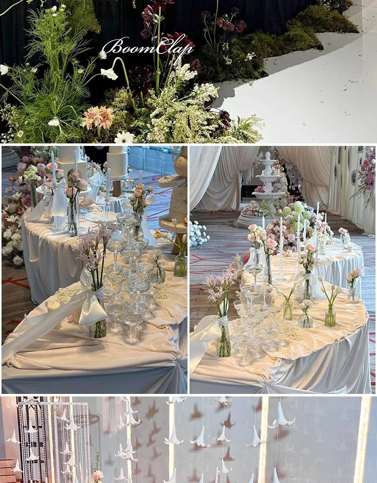 Serpentine Event Display Table collage of curved reception displays with glassware, pale linens and floral arrangements.
