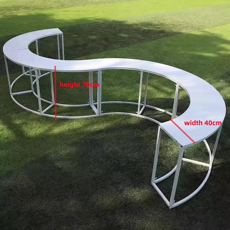 Serpentine Event Display Table white S-shaped table with 70 cm height and 40 cm tabletop width marked.