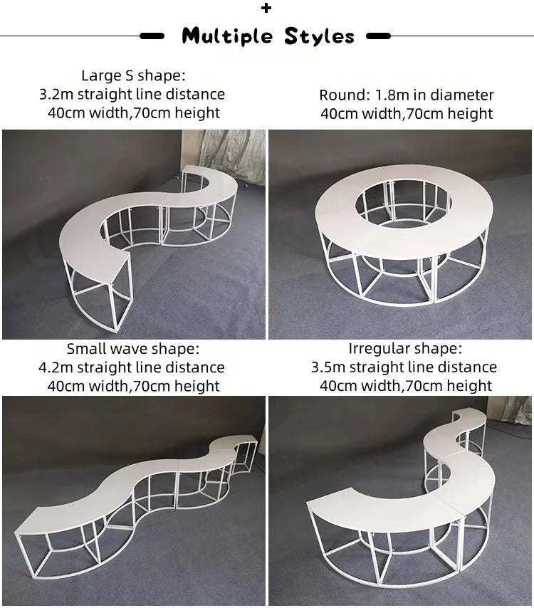 Serpentine Event Display Table four illustrated layouts with span, diameter, tabletop width and height measurements.