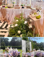 Serpentine Event Display Table pink-draped dessert display above two garden setups with pastel flowers.