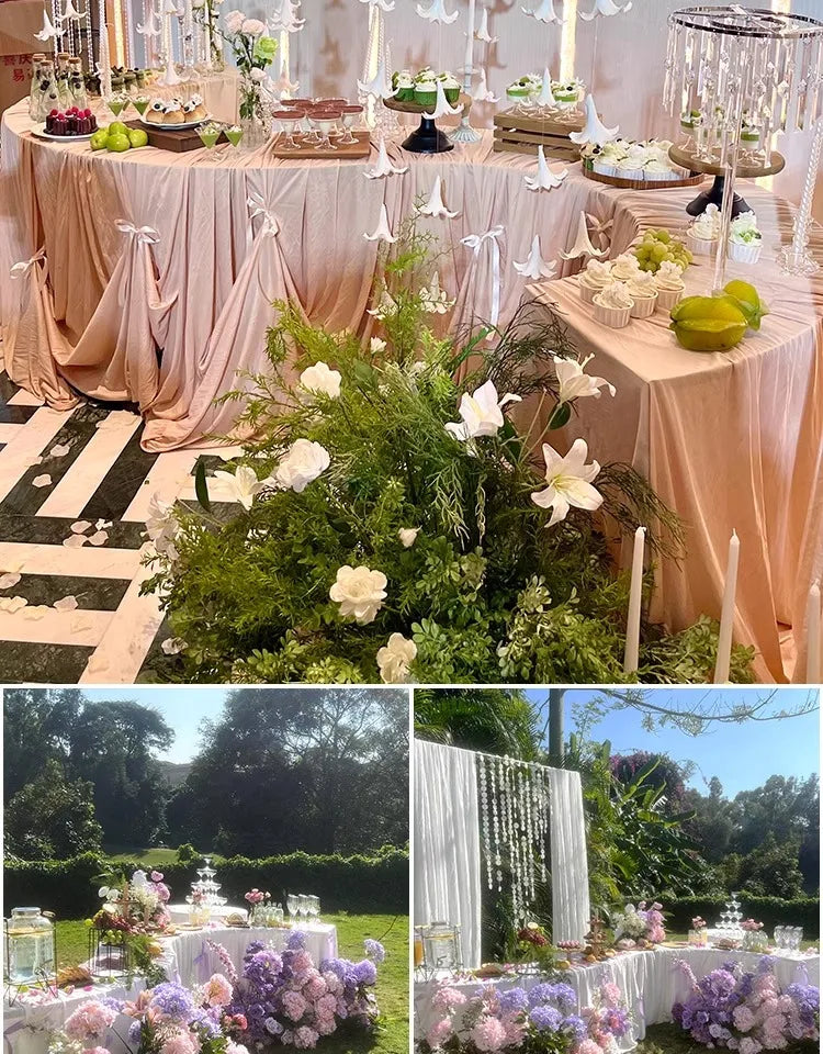 Serpentine Event Display Table pink-draped dessert display above two garden setups with pastel flowers.