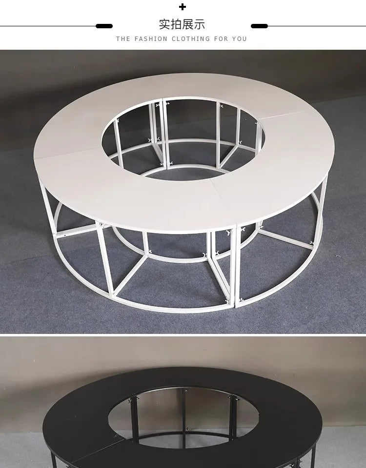 Serpentine Event Display Table round white arrangement with an open center and a partial black version below.