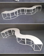 Serpentine Event Display Table white wave and curved arrangements showing the modular sections and open frames.