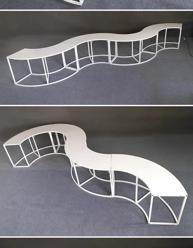 Serpentine Event Display Table white wave and curved arrangements showing the modular sections and open frames.